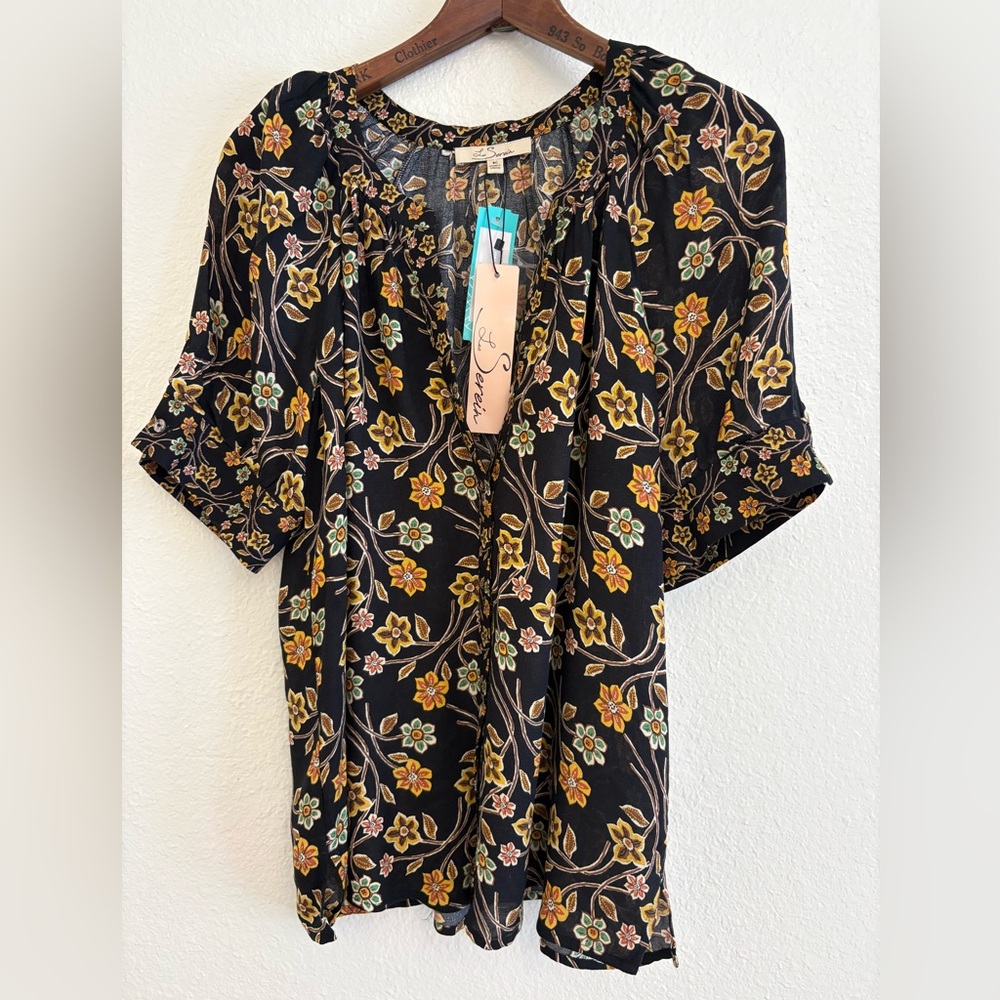 Black Floral Short Sleeve Blouse with Yellow & Green Accents